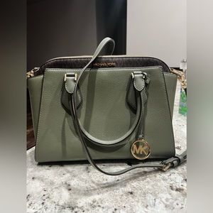 Michael Kors Daria Large Satchel Bag Army Green/ Brown Signature color